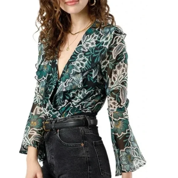 BAND OF THE FREE Bonnie Emerald Long Sleeve Bodysuit Top Bell Sleeve Hippie Boho - Picture 11 of 16